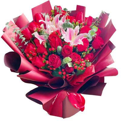 包头22朵红玫瑰百合,爱的火焰
