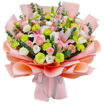 包头16朵粉玫瑰百合康乃馨，宁静和温柔