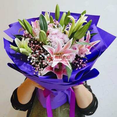 包头6支粉色多头百合，真诚的问候